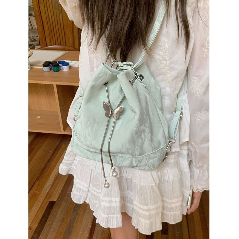 Mini Backpack Women - Women Mint Green Butterfly Drawstring Backpack