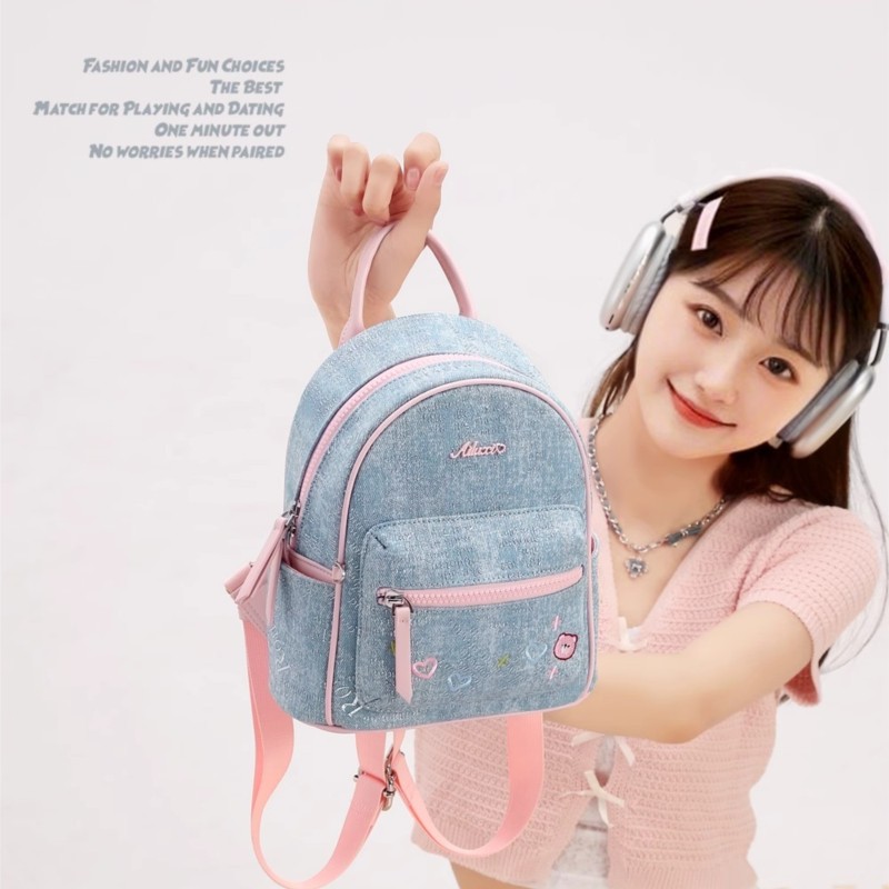 Mini Backpack Women - Blue Denim Embroidered Bear Backpack Women